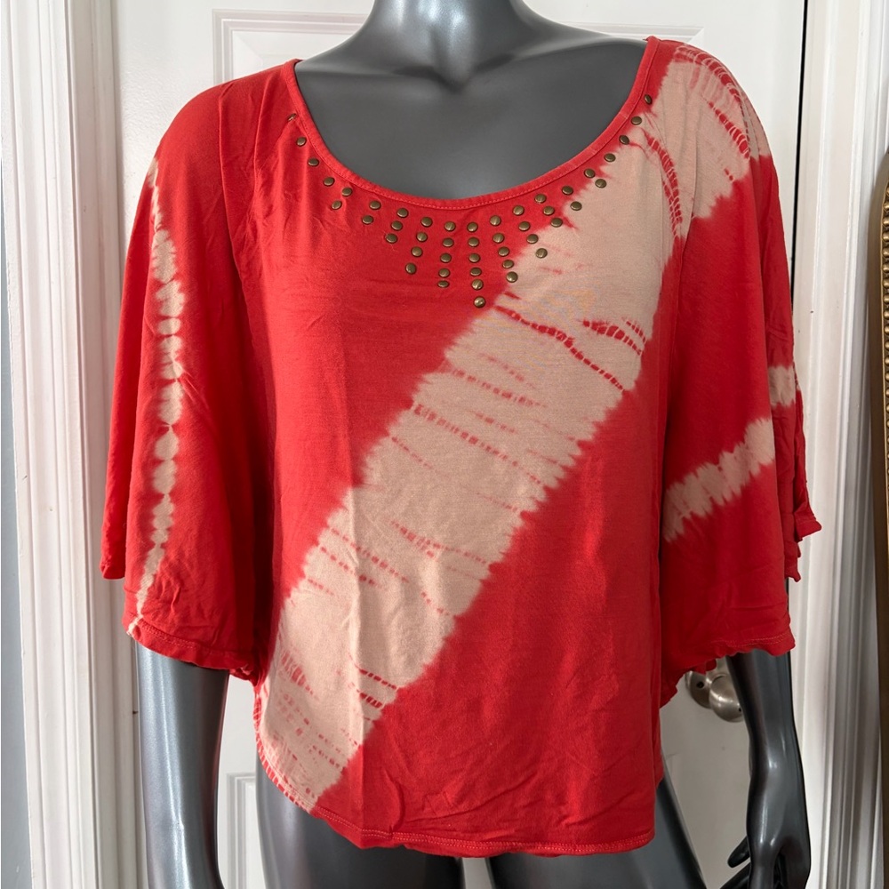 INC International Concepts Orange & Cream Studded Tie-Dye Dolman Sleeve Tee